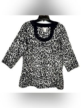 HBA Womens Small Jeweled Black Leopard Print Side Zip 3/4 Sleeve Cotton Top